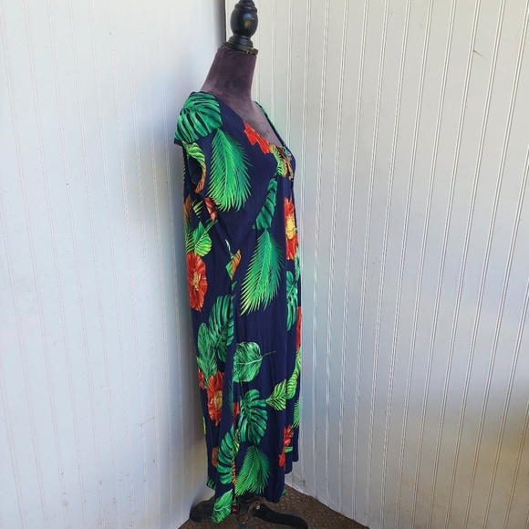 Vtg GG Hawaiian Shift Dress Floral Monstera Palm Print Tie Blue Green Red Sz L - Picture 3 of 10